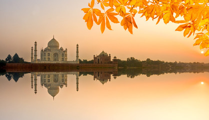 Taj Mahal bij zonsopgang, Agra, Uttar Pradesh, India.