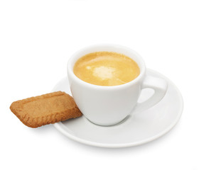 Espresso coffee cup with cinnamon cookie isolated on white background.