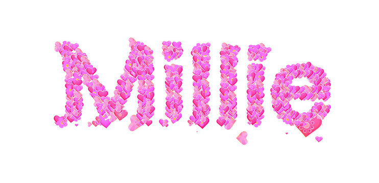 Millie female name set with hearts type design