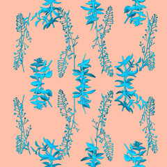 Scattered herbs. Handmade isolated blue watercolor floral seamless pattern on peach pink background. Fabric texture. Herbs vintage design.