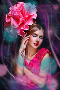 Girl with multi lines big pink flower