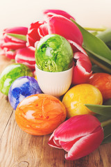 Colorful easter eggs and pink tulips