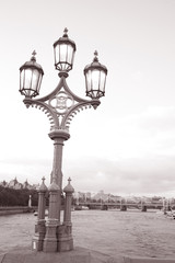 Fototapeta na wymiar Westminster Bridge Lamppost; London in Black and white Sepia Tone