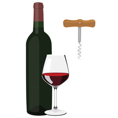 Glass, bottle and corkscrew
