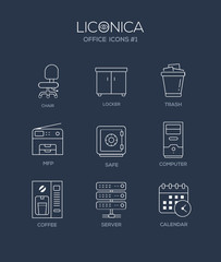 Set of modern office line flat design icons and pictograms. 