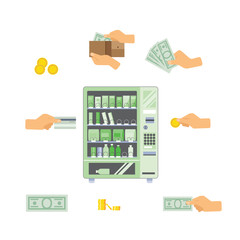 vending machine flat design style with payment variants hand icons, vector illustration