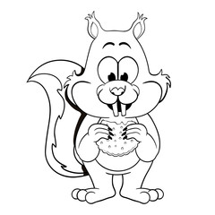 Black and white illustration of squirrel with cookie