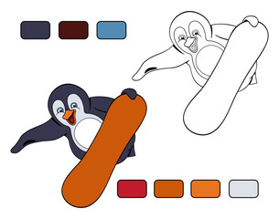 Fat laughing penguin makes breathtaking jump on the snowboard. Coloring book