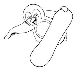 Black and white illustration of fat laughing penguin  on the snowboard.