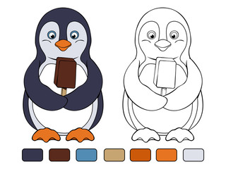 Joyful penguin holds chocolate ice cream in his wings. Coloring book