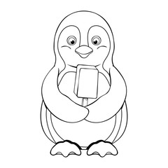 Black and white illustration of joyful penguin who holds chocolate ice cream in his wings