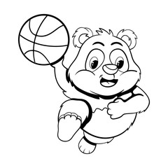 Black and white illustration of funny cartoon little panda in a jump with  ball.