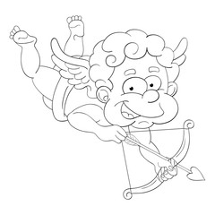 Black and white illustration of funny little cupid with bow and arrow