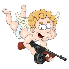 Funny little cupid with magic  love submachine gun 
