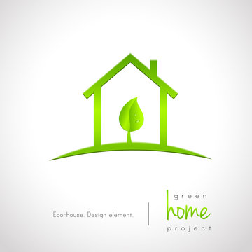 Green home logo concept with house and leaf inside