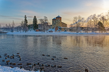Ancient fortress at frosty winter's morning