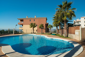 View of the swimming pool in the urbanization Altorreal. Region of Murcia. Spain