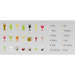 Different bar glasses icons for different alcohol, colored by categories