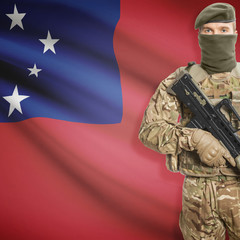 Soldier with machine gun and flag on background - Samoa