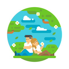 Flat design couple sitting outdoor