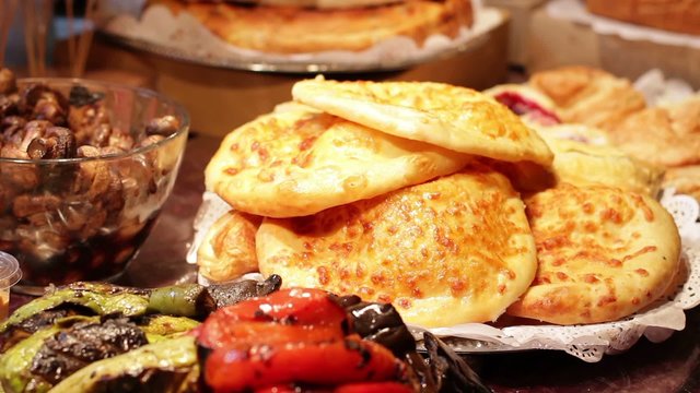 Fresh pancakes in storefront.