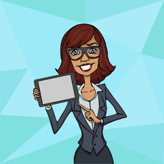 Illustration of an office  employee showing tablet screen for presentation applications.