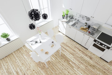 Fototapeta na wymiar Moderne Küche mit Esstisch in neuem Haus