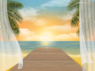 Fototapety  View of the sea beach on sunset and jetty. Vector travel background.