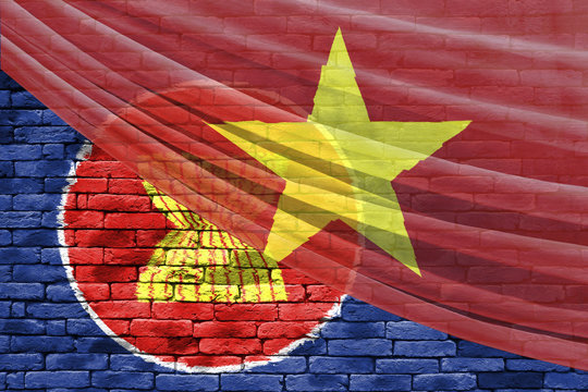 aec flag vietnam flag on brick and curtain background