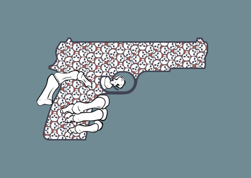 War gun with skeleton hand concept vector illustration - gun patterned with skulls