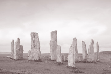 Callanish Standing Stones; Isle of Lewis; Western Isles; Outer Hebrides; Scotland; UK in Black and White Sepia Tone