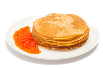 Pancakes and red caviar in white dish isolated at white backgrou