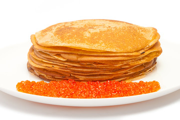 Pancakes and red caviar in white dish isolated at white backgrou