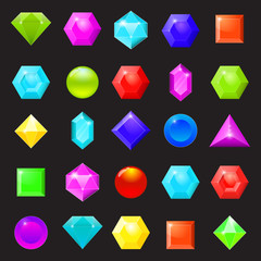 Set of colorful icons of gemstones, diamonds and crystals. Vecto