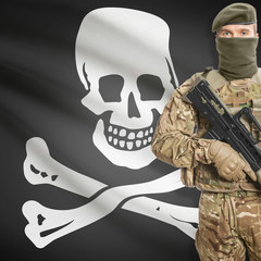 Soldier with machine gun and USA state flag on background - Jolly Roger - Symbol of Piracy