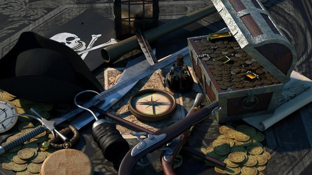 on the table are old ancient things pirate theme: map, compass, muskets, treasure chest, cocked hat, hook, and pirate flag 3D render