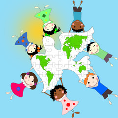 Children of different races with a dove and a map of the world,