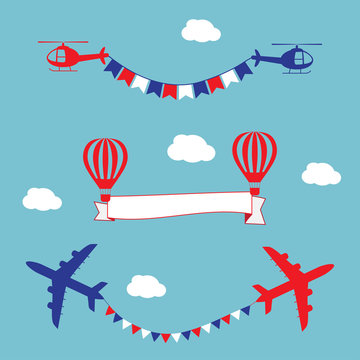 Plane, air balloons and helicopters flying with advertising banner and flags. 