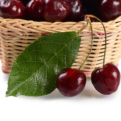 The cherry on branch with leaves