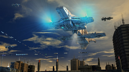 Obrazy na Plexi  Statek kosmiczny UFO i miasto