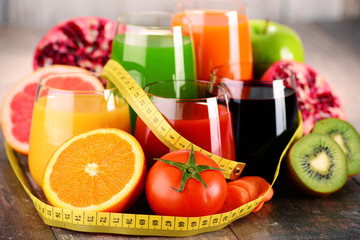 Glasses of fresh organic vegetable and fruit juices