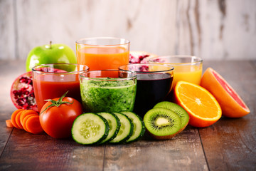 Glasses of fresh organic vegetable and fruit juices