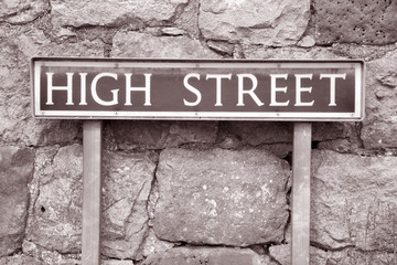 High Street Sign in Black and White Sepia Tone