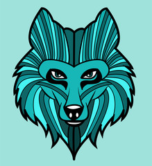 Stylized wolf's colored head vector isolated on light blue, testa di lupo colorata stilizzata vettoriale isolata su sfondo azzurro