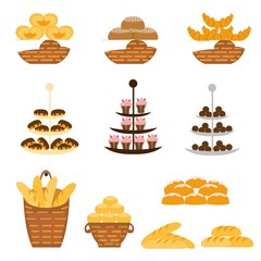 
Set of different types of bakery products. Vector illustration of confectionery, different bread and sweets.  Baton and baguette, cupcake and muffin, croissant and cake