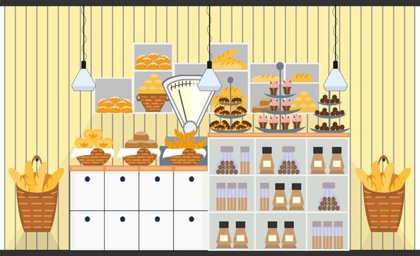 Bakery counter with scales and different types of bakery products. Vector illustration of confectionery.
 Baton and baguette, cupcake and muffin, croissant and cake