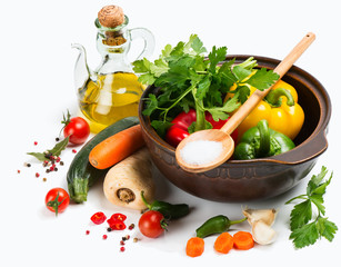 Colorful vegetables and cooking pot