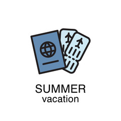 Travel and vacation illustration with passport and airplane tickets icons. Summer vacation concept.