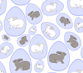 Beautiful blue vector seamless pattern with rabbits and easter eggs
