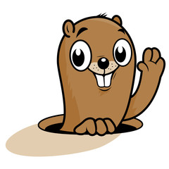 Cartoon groundhog in a hole on the ground. Vector illustration